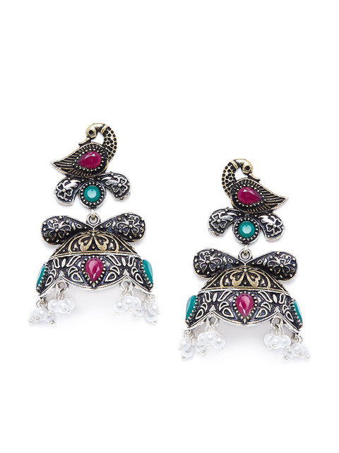 

PANASH Silver-Toned & Green Peacock Shaped Jhumkas