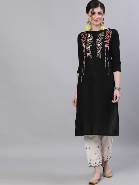 

Ishin DESIGNER STUDIO Women Black & White Floral Yoke Design Kurta with Trousers