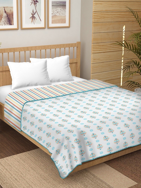 

BELLA CASA White & Turquoise Blue Ethnic Motifs AC Room 180 GSM Double Bed Dohar
