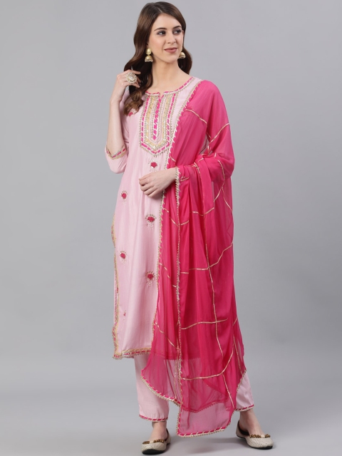 

Ishin DESIGNER STUDIO Women Pink Ethnic Motifs Pure Silk with Trousers & Dupatta