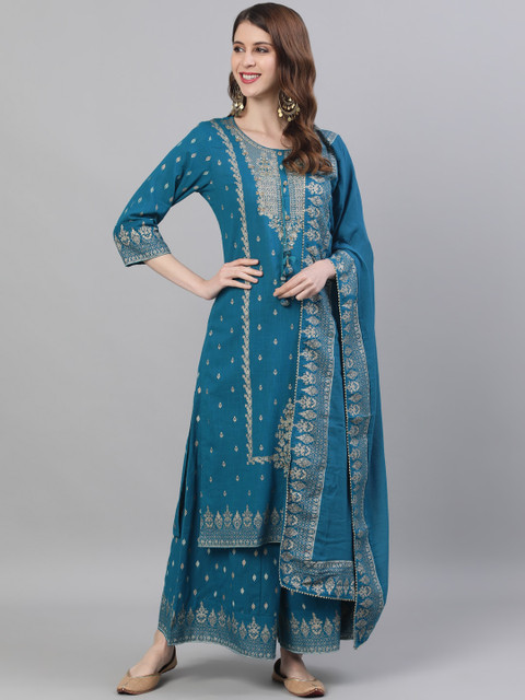 

Ishin DESIGNER STUDIO Women Teal Yoke Design A-Line Kurta Sharara Dupatta Set