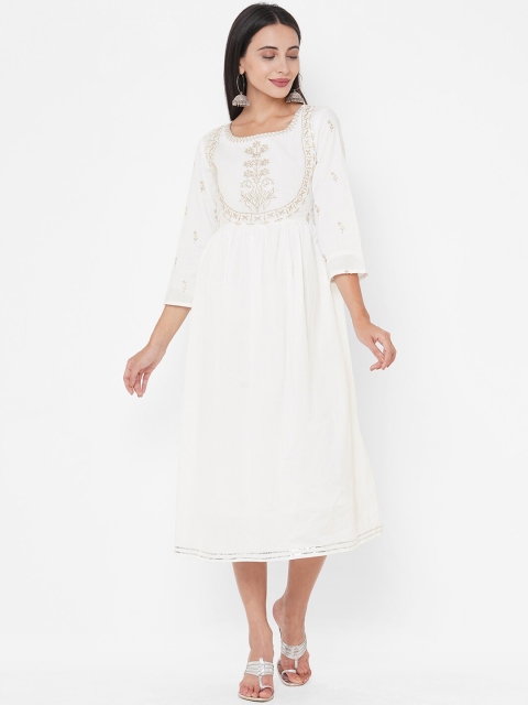 

FASHOR Women White Yoke Design Flared Sleeves Thread Work Anarkali Kurta