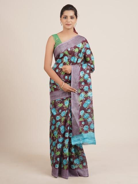 

Pothys Purple & Turquoise Blue Pure Cotton Floral Printed Saree