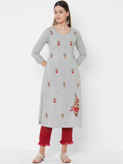 

FASHOR Women Grey Checked Chikankari Kurta