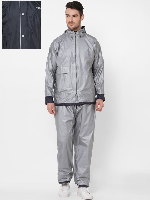 

Zeel Men Navy Blue & Grey Solid Reversible Hooded Rain Suit