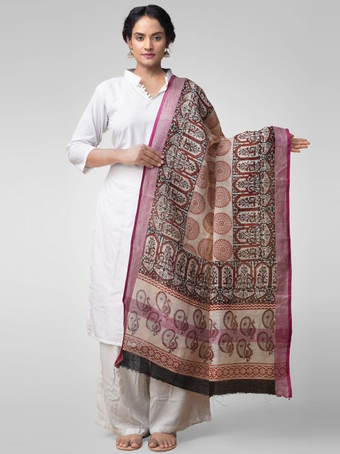

Unnati Silks Cream-Coloured & Brown Bagru Printed Pure Linen Handloom Dupatta