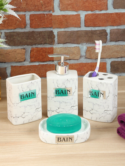 

House Of Accessories Set Of 4 Grey & White Printed Ceramic Bath Accessories