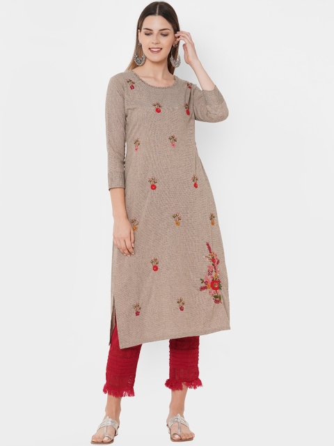 

FASHOR Women Beige & Red Floral Embroidered Thread Work Kurta