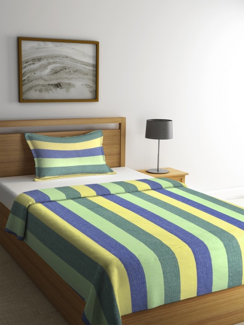 

KLOTTHE Unisex Yellow & Green Striped Cotton Single Bed Cover With Pillow Cover