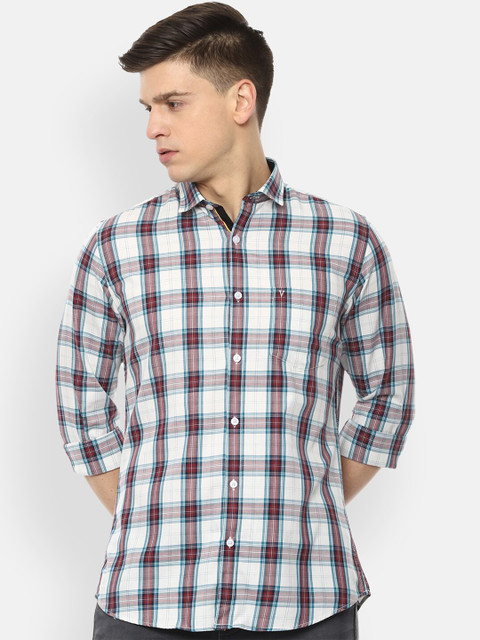 

Van Heusen Sport Men Cream-Coloured & Red Slim Fit Checked Pure Cotton Casual Shirt