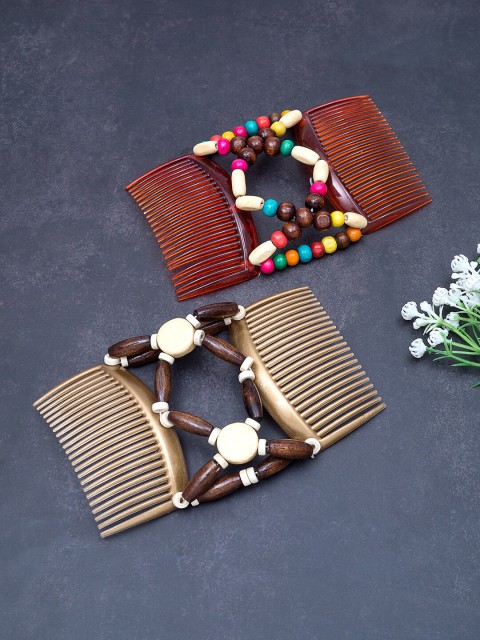 

Golden Peacock Brown & Beige Set of 2 Beaded Comb Pin