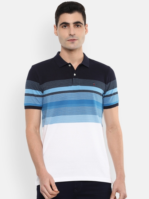 

Louis Philippe Sport Men White & Blue Striped Polo Collar T-shirt