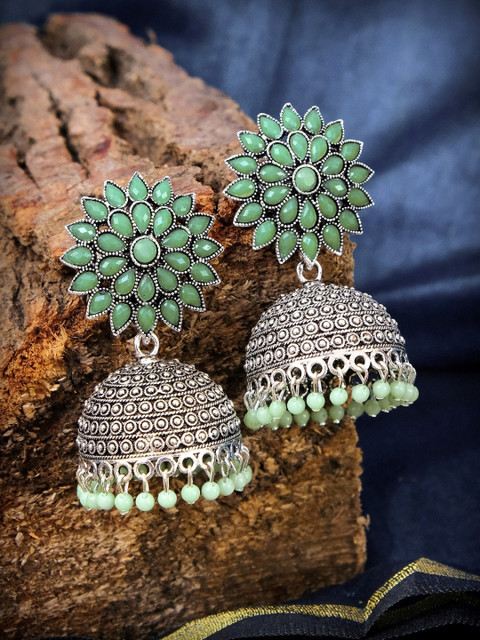 

Crunchy Fashion Oxidized Silver-Plated & Green Stone Studded Dome Shaped Jhumkas