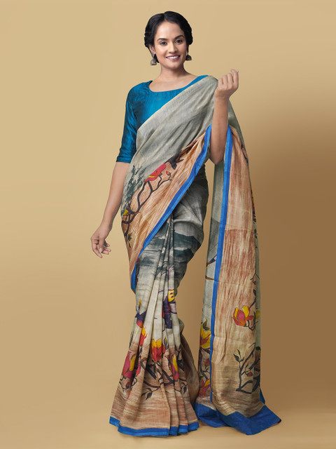 

Unnati Silks Blue Printed Block Print Saree