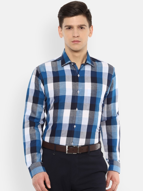 

Van Heusen Men Blue & Black Cotton Linen Regular Fit Checked Formal Shirt