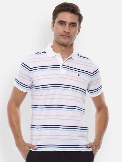 

Louis Philippe Men White & Blue Striped Polo Collar T-shirt