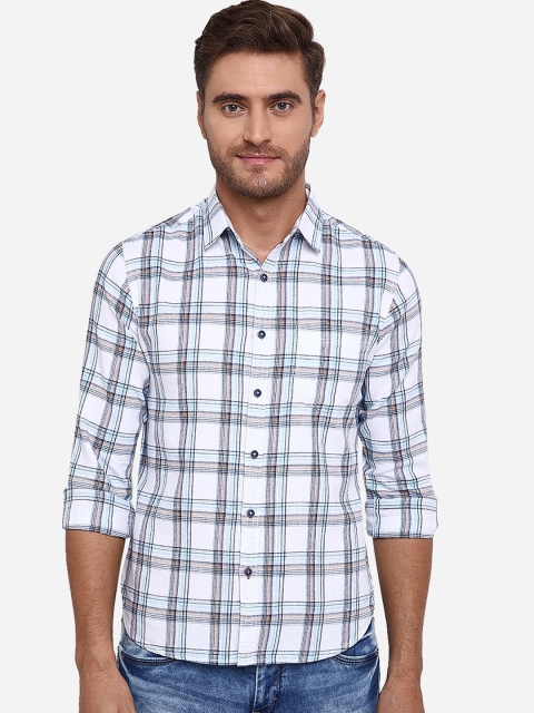 

Greenfibre Men White & Blue Slim Fit Checked Pure Cotton Casual Shirt