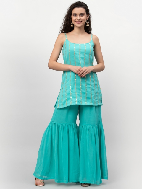 

studio rasa Women Turquoise Blue Floral Embroidered Regular A-Line Kurti & Sharara