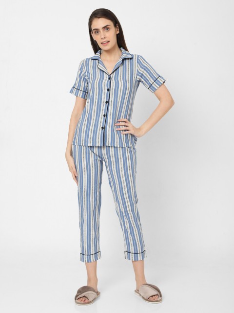 

Smarty Pants Women Blue & Cream-Coloured Striped Night suit