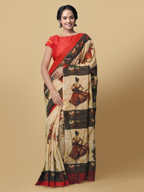 

Unnati Silks Beige & Green Silk Blend Printed Block Print Saree