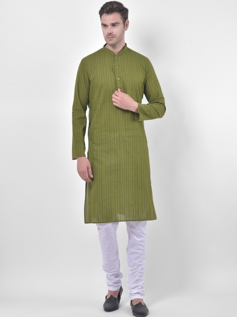 

LAMAAYA Men Olive Green Striped Cotton Kurta
