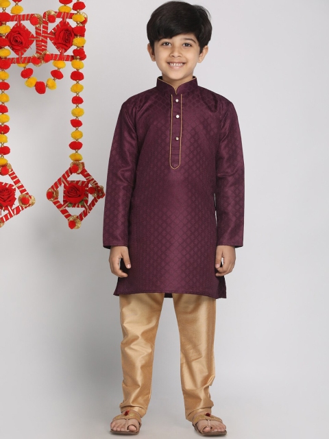 

VASTRAMAY Boys Purple & Gold-Toned Regular Straight Jacquard Kurta with Pyjamas