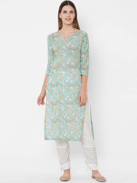 

FASHOR Women Blue Floral Embroidered Flared Sleeves Mirror Work Kurta
