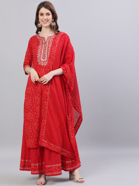 

Ishin DESIGNER STUDIO Women Red Bandhani Printed Cotton Kurta with Sharara & Dupatta