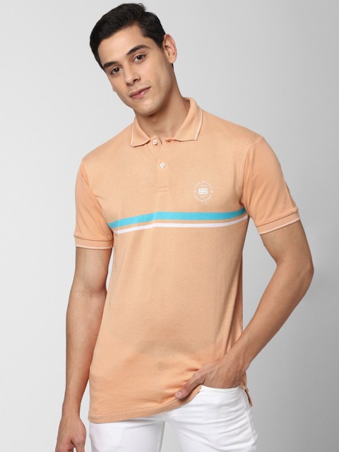 

Peter England Casuals Men Peach-Coloured & Turquoise Blue Striped Polo Collar T-shirt