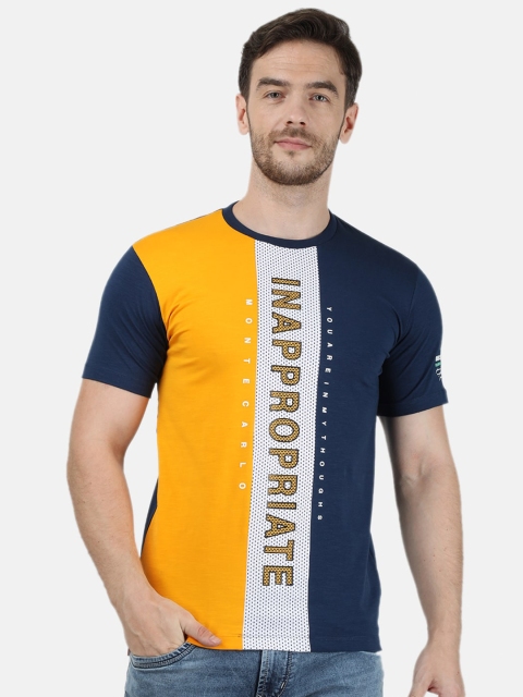

Monte Carlo Men Mustard Yellow & Navy Blue Colourblocked Round Neck T-shirt