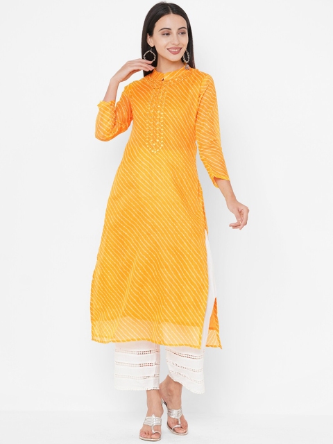 

FASHOR Women Yellow Leheriya Printed Mirror Work Kurta