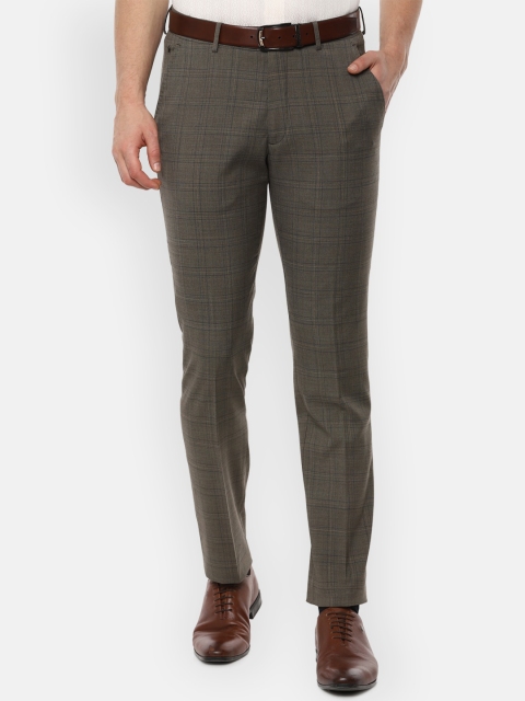 Louis Philippe Men Olive Brown Slim Fit Checked Formal Trousers