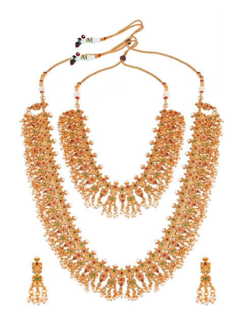 

aadita Pink & Green Gold-Plated Kundan-Studded & Beaded Temple Jewellery Set