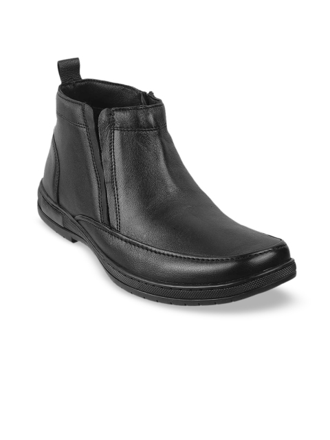 

Mochi Men Black Solid Leather Mid-Top Flat Boots