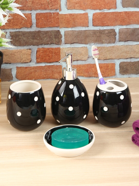 

House Of Accessories Set of 4 Black & Cream-Colour Doted Ceramic Bath Accessories