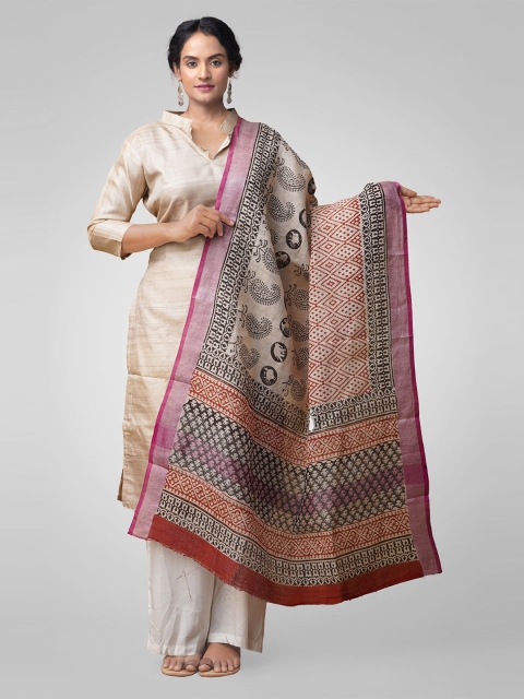 

Unnati Silks Cream-Coloured & Purple Bagru Printed Dupatta