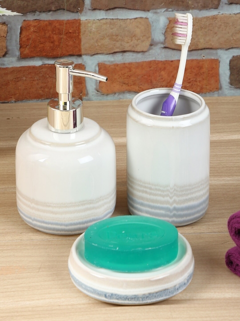 

House Of Accessories Set Of 3 White & Blue Solid Ceramic Bath Accessories