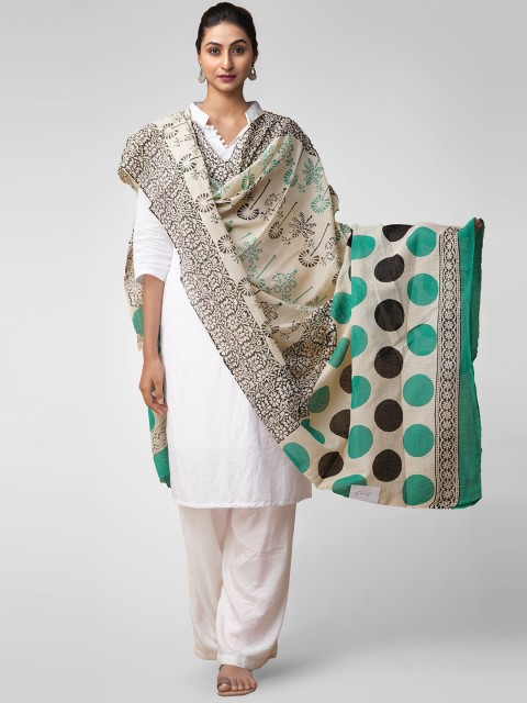 

Unnati Silks Cream-Coloured & Green Printed Pure Kota Cotton Dupatta