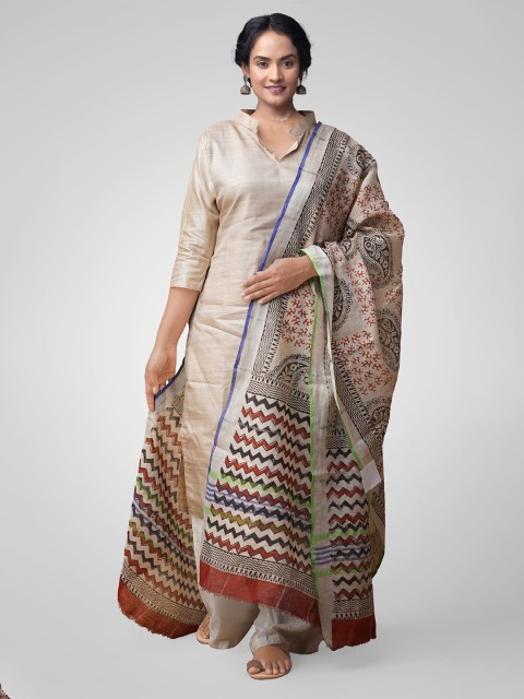 

Unnati Silks Cream-Coloured & Brown Bagru Printed Handloom Linen Dupatta
