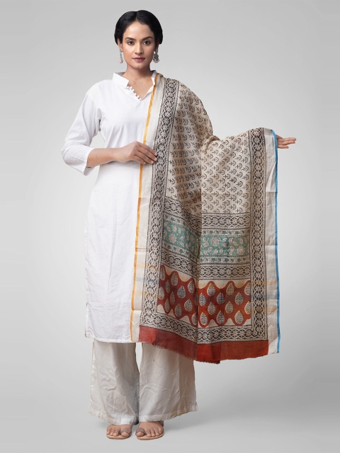 

Unnati Silks Cream-Coloured & Brown Printed Dupatta