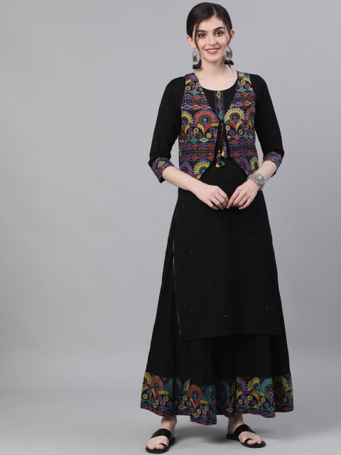 

Ishin DESIGNER STUDIO Women Black & Yellow A-Line Kurta with Sharara & Jacket