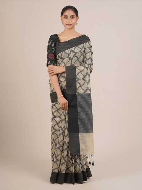 

Pothys Black & Cream-Coloured Supernet Printed Saree