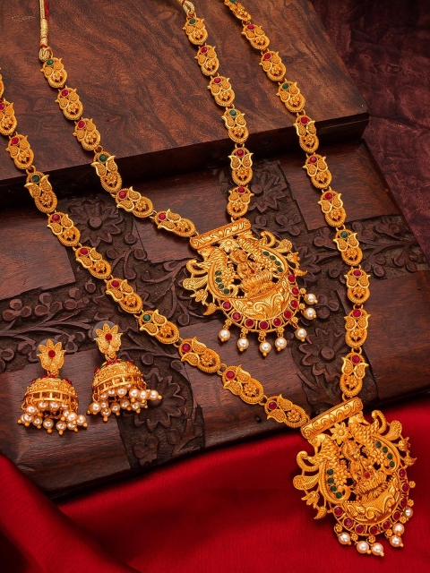 

aadita Pink & Green Gold-Plated Kundan-Studded & Beaded Goddess Laxmi Jewellery Set