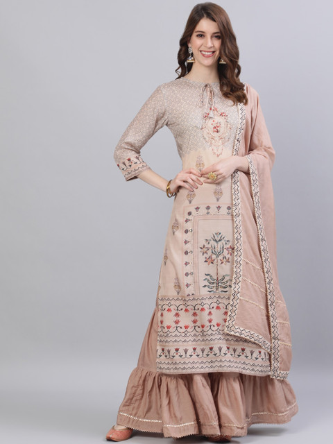 

Ishin DESIGNER STUDIO Women Peach-Coloured A-Line Kurta with Sharara & Dupatta