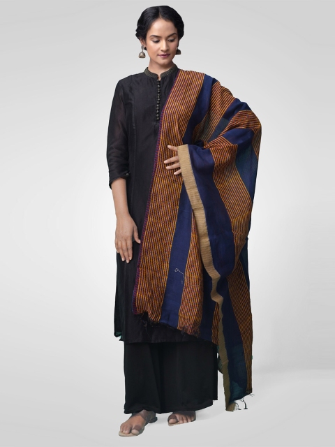 

Unnati Silks Blue & Yellow Striped Pure Chanderi Dupatta