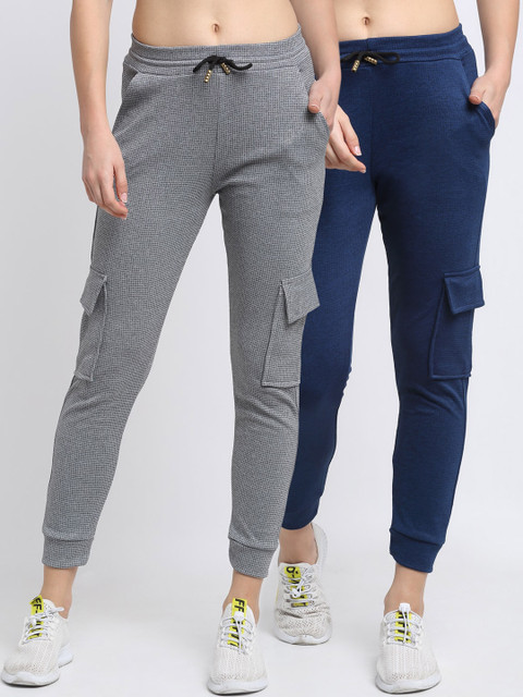 

NEUDIS Women Pack Of 2 Checked Slim-Fit 100% Cotton Joggers, Grey