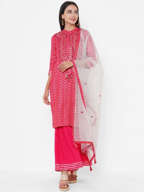 

FASHOR Women Pink & White Striped Kurta Set With Dupatta