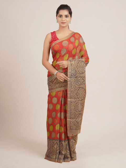 

Pothys Red & Green Jute Silk Printed Saree