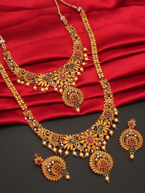 

aadita Pink & Green Gold-Plated Kundan-Studded & Beaded Temple Jewellery Set