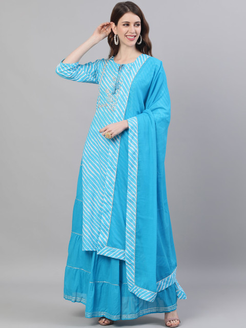 

Ishin DESIGNER STUDIO Women Blue & OffWhite Striped Pure Cotton Kurta & Skirt With Dupatta